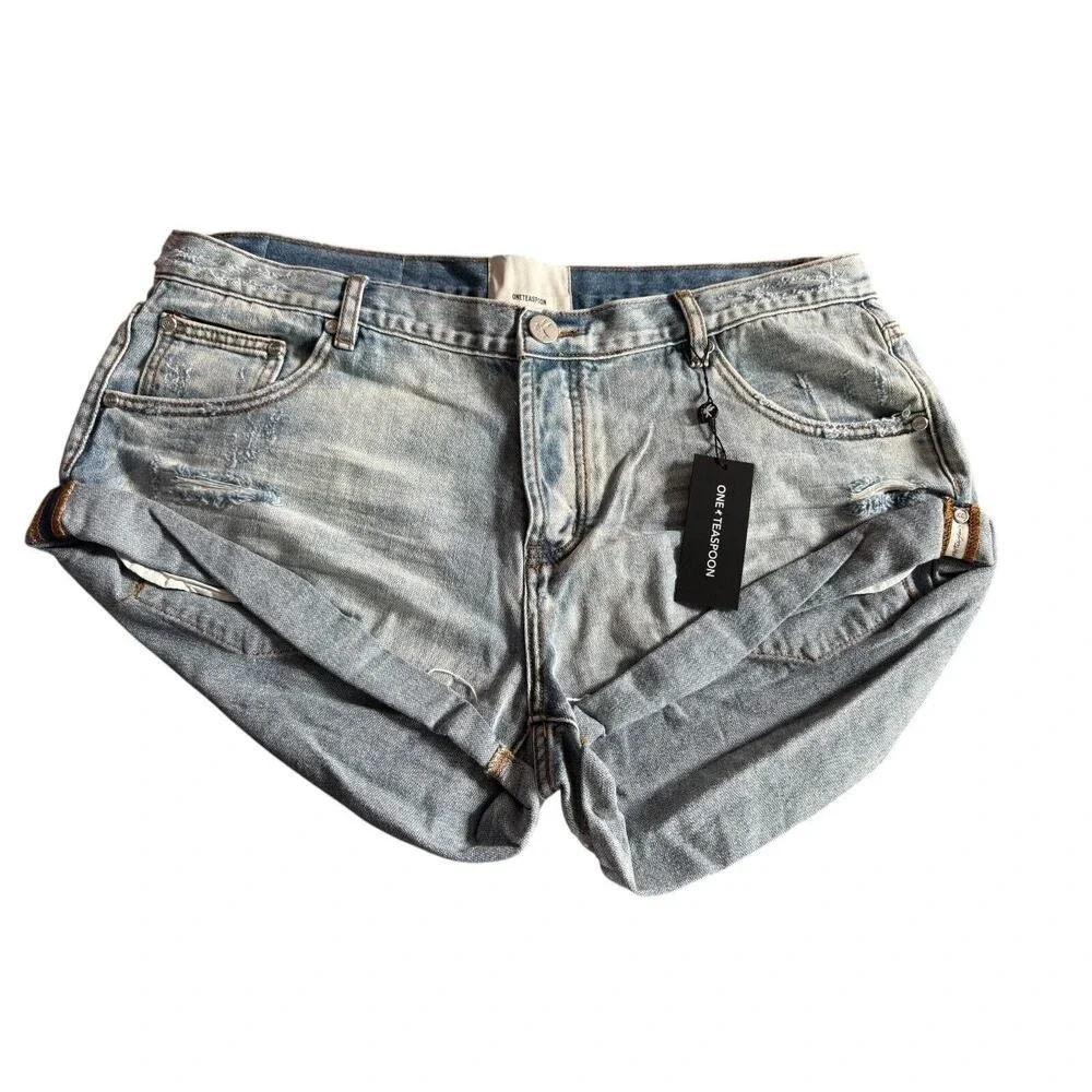 One Teaspoon Women's Hendrixe Blue Bandits Low Waist Denim Shorts Size 34 NEW